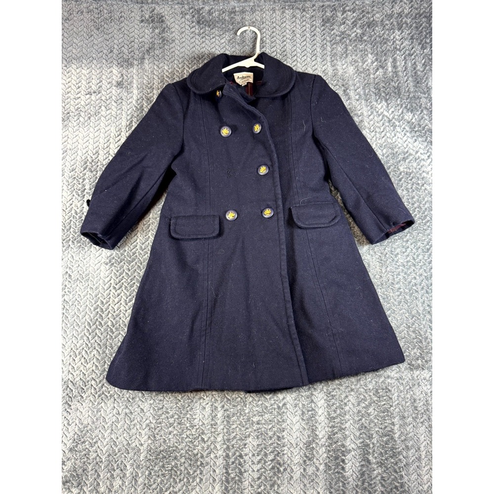 VTG Arakawa Pea Coat Girls 8 Navy Blue Wool Double Breasted Crest Button Front